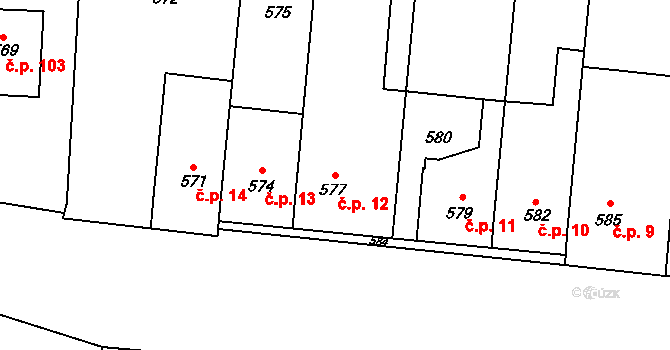 Mostkovice 12 na parcele st. 577 v KÚ Mostkovice, Katastrální mapa