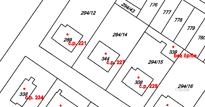 Dukovany 227 na parcele st. 344 v KÚ Dukovany, Katastrální mapa