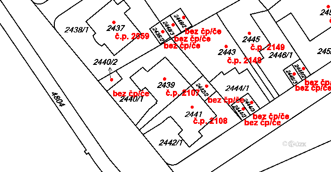 Teplice 2107 na parcele st. 2439 v KÚ Teplice, Katastrální mapa