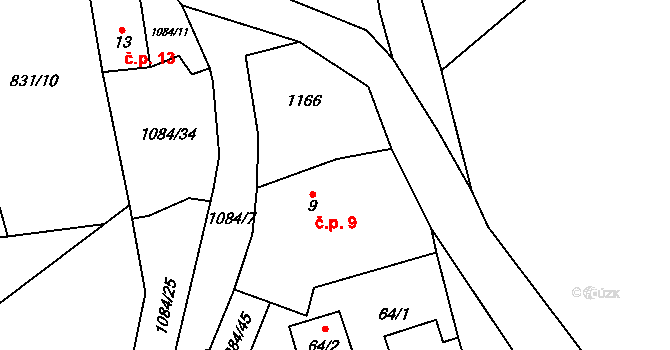 Petlery 9, Domašín na parcele st. 9 v KÚ Petlery, Katastrální mapa