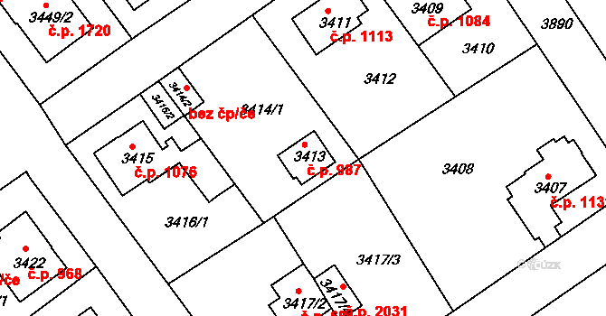 Modřany 987, Praha na parcele st. 3413 v KÚ Modřany, Katastrální mapa