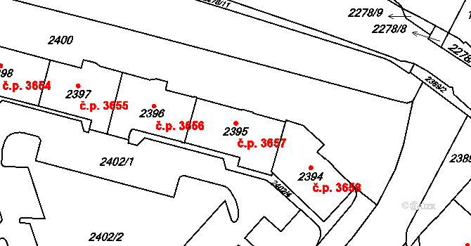 Chomutov 3657 na parcele st. 2395 v KÚ Chomutov I, Katastrální mapa