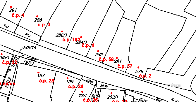 Kanice 58 na parcele st. 282 v KÚ Kanice, Katastrální mapa
