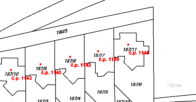 Lobzy 1139, Plzeň na parcele st. 187/7 v KÚ Lobzy, Katastrální mapa