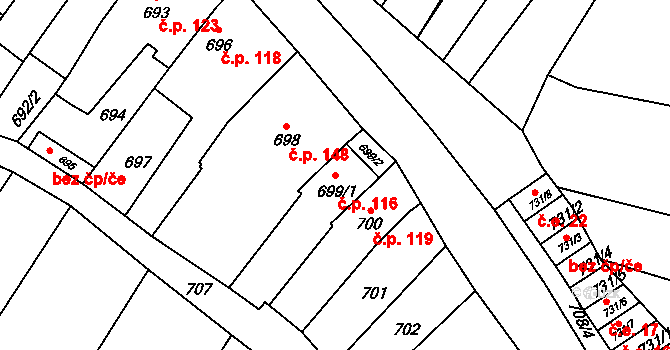 Silůvky 116 na parcele st. 699/1 v KÚ Silůvky, Katastrální mapa