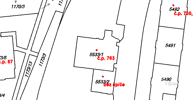 Litomyšlské Předměstí 763, Vysoké Mýto na parcele st. 5533/1 v KÚ Vysoké Mýto, Katastrální mapa