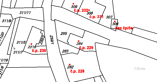 Jemnice 229 na parcele st. 284 v KÚ Jemnice, Katastrální mapa
