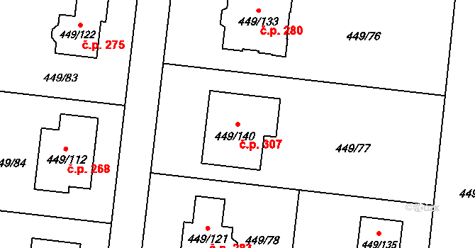Bystrovany 307 na parcele st. 449/140 v KÚ Bystrovany, Katastrální mapa