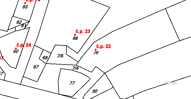Prosetín 22 na parcele st. 78 v KÚ Prosetín u Bystřice nad Pernštejnem, Katastrální mapa