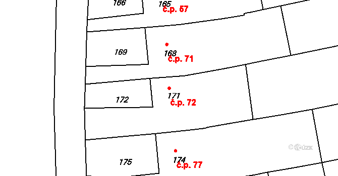Záboří 72, Protivín na parcele st. 171 v KÚ Záboří u Protivína, Katastrální mapa