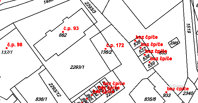 Hanušovice 172 na parcele st. 136/2 v KÚ Hanušovice, Katastrální mapa