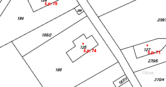 Kytlice 74 na parcele st. 125 v KÚ Falknov, Katastrální mapa
