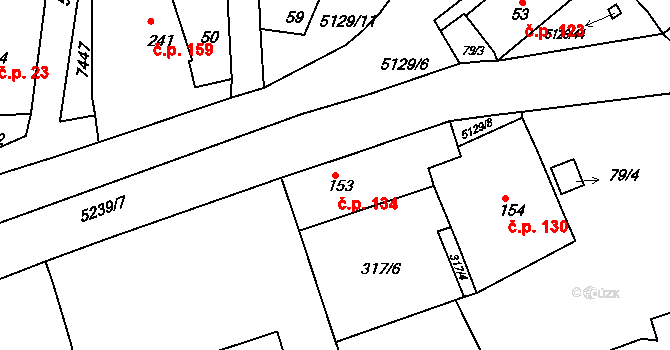 Pocinovice 134 na parcele st. 153 v KÚ Pocinovice, Katastrální mapa