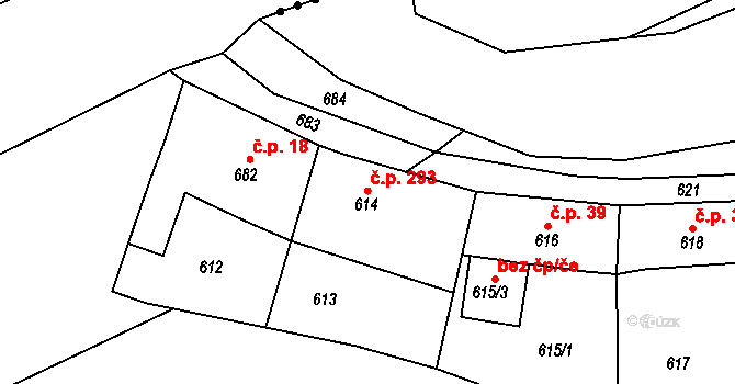 Dalovice 293 na parcele st. 614 v KÚ Dalovice, Katastrální mapa