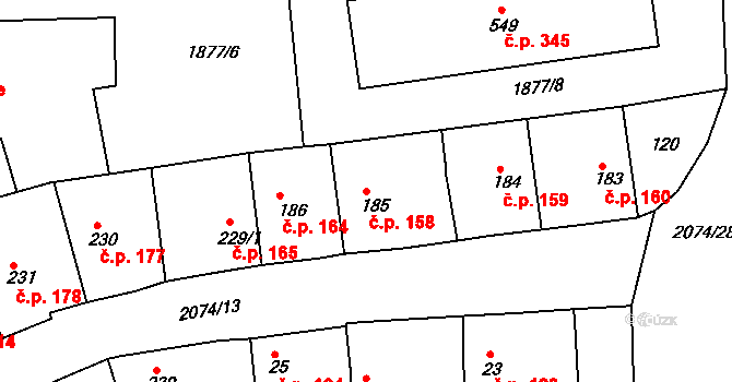 Merklín 158 na parcele st. 185 v KÚ Merklín u Přeštic, Katastrální mapa