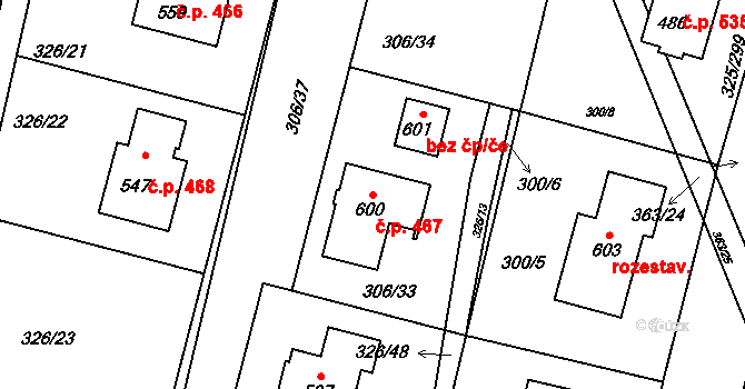 Bradlec 467 na parcele st. 600 v KÚ Bradlec, Katastrální mapa