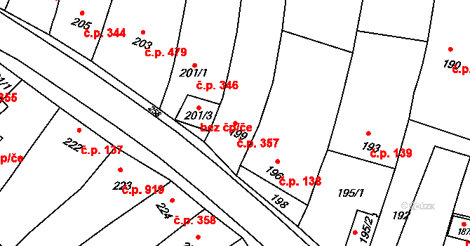 Klobouky u Brna 357 na parcele st. 199 v KÚ Klobouky u Brna, Katastrální mapa