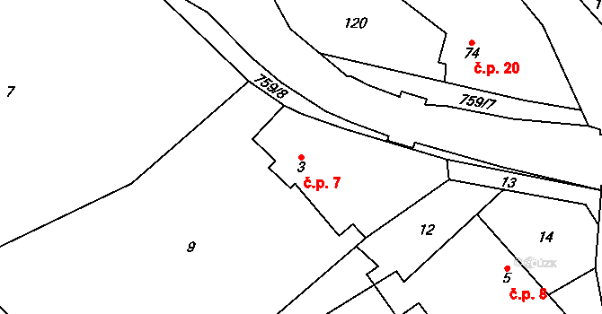 Hamry 7, Plumlov na parcele st. 3 v KÚ Hamry, Katastrální mapa