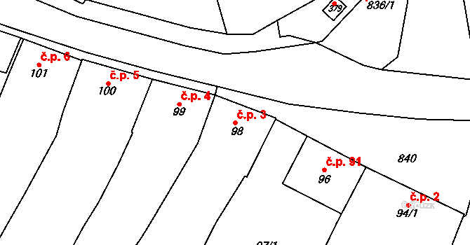 Vratěnín 3 na parcele st. 98 v KÚ Vratěnín, Katastrální mapa