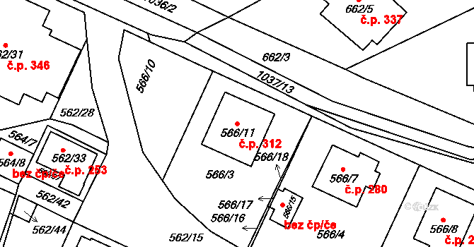 Tetčice 312 na parcele st. 566/11 v KÚ Tetčice, Katastrální mapa