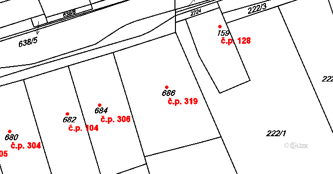 Rousínov 319 na parcele st. 686 v KÚ Rousínov u Vyškova, Katastrální mapa