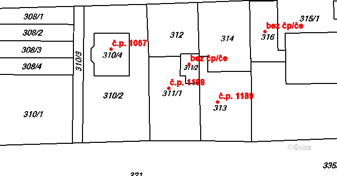 Slavkov u Brna 1188 na parcele st. 311/1 v KÚ Slavkov u Brna, Katastrální mapa