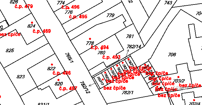 Kosmonosy 493 na parcele st. 780 v KÚ Kosmonosy, Katastrální mapa