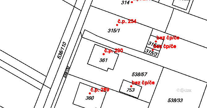 Chýnov 290 na parcele st. 361 v KÚ Chýnov u Tábora, Katastrální mapa