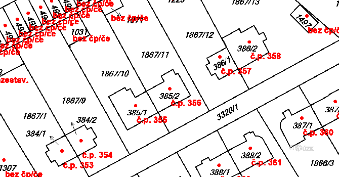 Zliv 356 na parcele st. 385/2 v KÚ Zliv u Českých Budějovic, Katastrální mapa