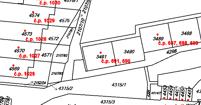 Komín 690,691, Brno na parcele st. 3491 v KÚ Komín, Katastrální mapa
