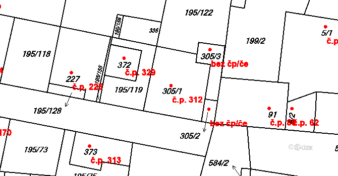 Dobroměřice 312 na parcele st. 305/1 v KÚ Dobroměřice, Katastrální mapa