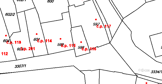 Pelhřimov 116 na parcele st. 598 v KÚ Pelhřimov, Katastrální mapa