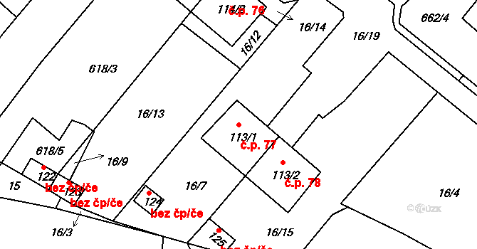Hrušovany 77 na parcele st. 113/1 v KÚ Hrušovany u Chomutova, Katastrální mapa