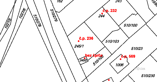 Sendražice 236, Kolín na parcele st. 245/1 v KÚ Sendražice u Kolína, Katastrální mapa