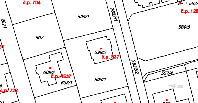 Radotín 837, Praha na parcele st. 598/2 v KÚ Radotín, Katastrální mapa