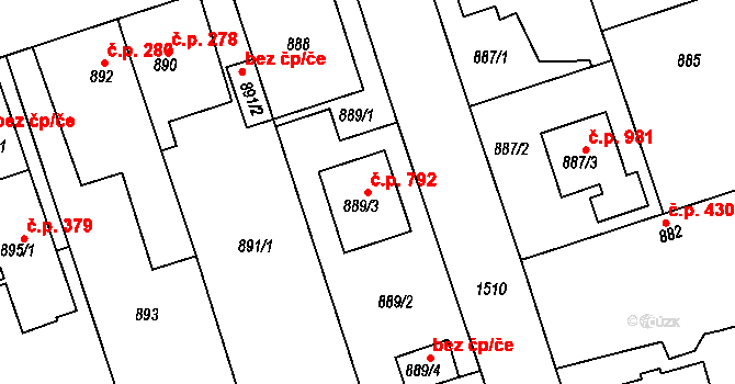 Čakovice 792, Praha na parcele st. 889/3 v KÚ Čakovice, Katastrální mapa