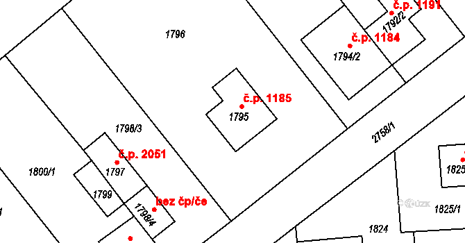 Kyje 1185, Praha na parcele st. 1795 v KÚ Kyje, Katastrální mapa