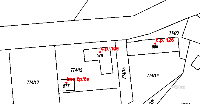 Svinaře 106 na parcele st. 576 v KÚ Svinaře, Katastrální mapa