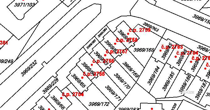 Česká Lípa 2757 na parcele st. 3969/63 v KÚ Česká Lípa, Katastrální mapa