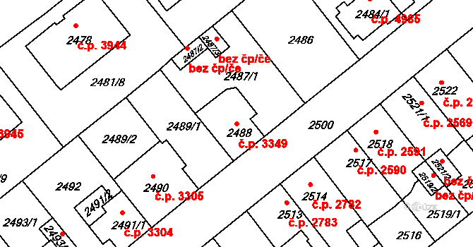 Chomutov 3349 na parcele st. 2488 v KÚ Chomutov II, Katastrální mapa