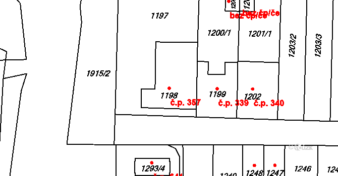 Zbýšov 357 na parcele st. 1198 v KÚ Zbýšov u Oslavan, Katastrální mapa
