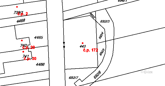 Pecerady 172, Týnec nad Sázavou na parcele st. 443 v KÚ Pecerady, Katastrální mapa