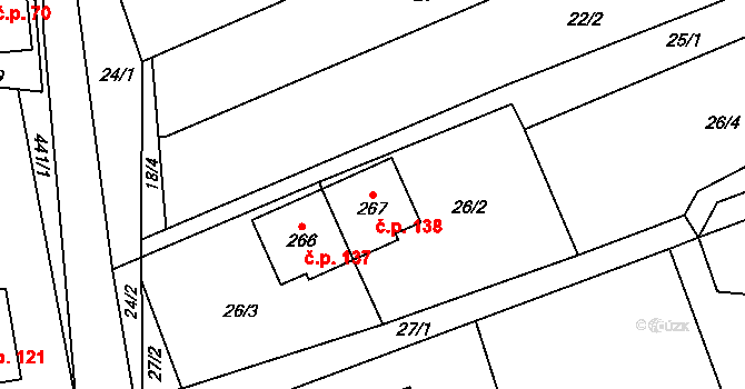 Hybrálec 138 na parcele st. 267 v KÚ Hybrálec, Katastrální mapa
