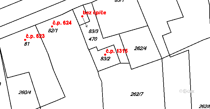 Rudná 1315 na parcele st. 83/2 v KÚ Hořelice, Katastrální mapa