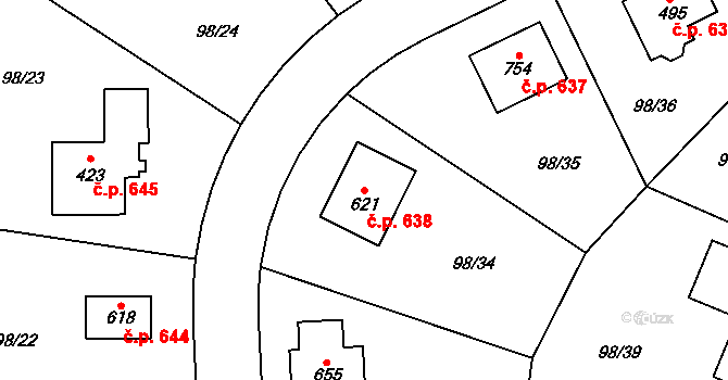 Bašť 638 na parcele st. 621 v KÚ Bašť, Katastrální mapa