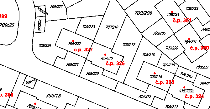 Popůvky 326 na parcele st. 709/219 v KÚ Popůvky u Brna, Katastrální mapa