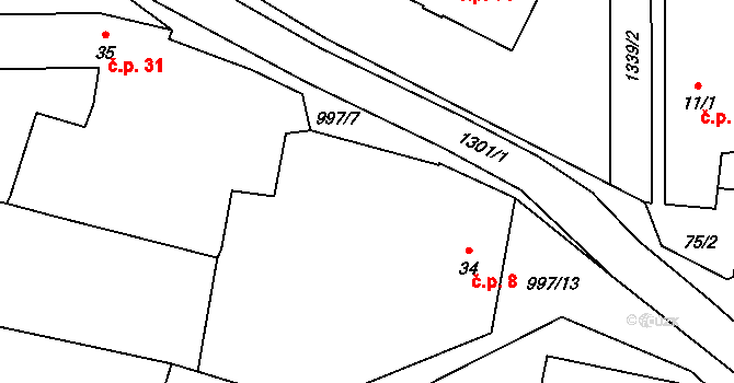 Louka 8, Jemnice na parcele st. 34 v KÚ Louka u Jemnice, Katastrální mapa