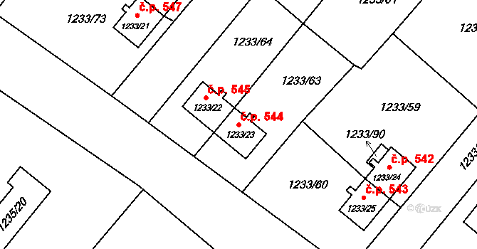 Hrušov 544, Ostrava na parcele st. 1233/23 v KÚ Hrušov, Katastrální mapa