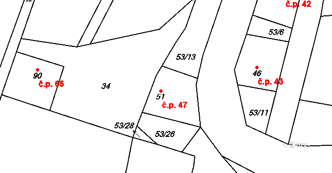 Kuřimské Jestřabí 47 na parcele st. 51 v KÚ Kuřimské Jestřabí, Katastrální mapa