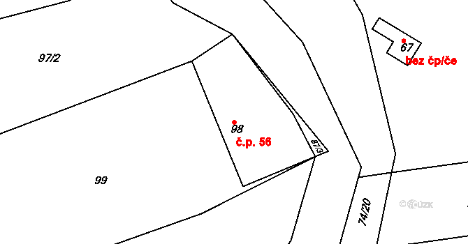 Klečůvka 56, Zlín na parcele st. 98 v KÚ Klečůvka, Katastrální mapa